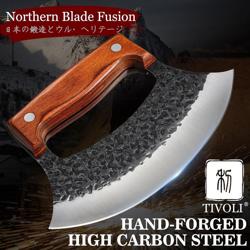 Tivoli Ulu Knife with Wooden Stand – Full Tang High Carbon Steel, Japanese-Inspired Rocker Knife with Gift Box, Mezzaluna Knife & Pizza Cutter for Kitchen, Camping & BBQ, Unique Gift for Men - Image 2